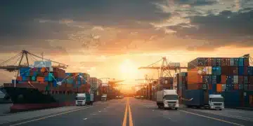 Global supply chain network under stress, depicting shipping containers and cargo ships