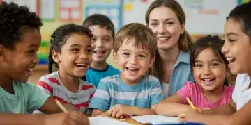 Diverse students and teacher in inclusive special education classroom