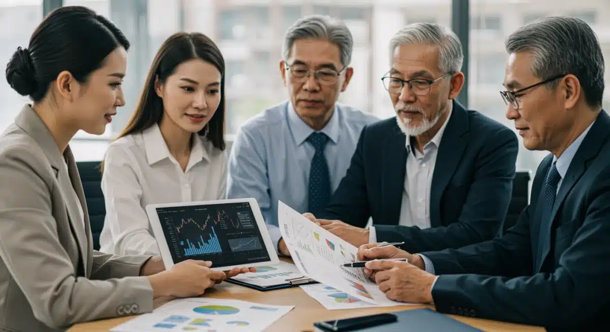 Diverse investors consulting a financial advisor about future tax strategies and portfolio adjustments.